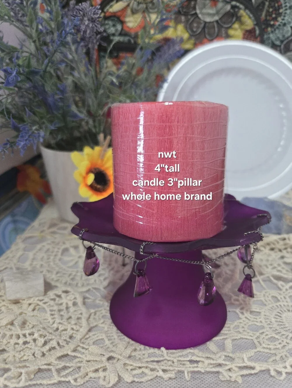 4/$15 Vintage Whole Home Lavender Beaded Candle Holder + Pillar Candle